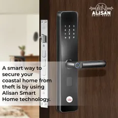 A close up of our digital smart lock installed on a wooden door. The combination of the secure multi point locking mechanism and the smart access panel provides robust protection against theft for any home.