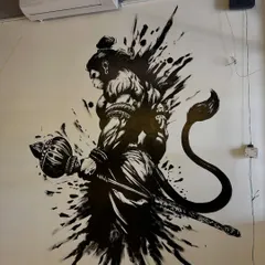 A full view of the completed Hanuman mural at Flexfire Premium Gym. The stark black-and-white design creates a powerful visual anchor in the space, embodying strength and focus.
