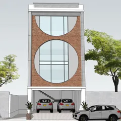 A frontal view of the proposed elevation with distinctive circular windows. This 3D model clearly illustrates the building's symmetrical design and the visual impact of the oversized windows on the structure's street-facing facade.