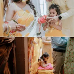 A collage showing a young girl's involvement in a traditional ceremony. In one frame she is participating, and in the other, she is peeking curiously, capturing the authentic and often amusing reality of including children in events.