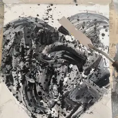 A textured, abstract heart painting in black and white, created with a palette knife. This piece explores the shades of grey in life and taking radical responsibility for our experiences.