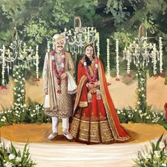 An elegant evening wedding portrait. The chandeliers and lush greenery of the mandap are rendered in detail to preserve the romantic ambiance of the couple's special night.