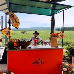 I design high-concept themed bars that bring a brand's essence to life. This vibrant Hermès-themed sundowner bar, set against a beautiful vineyard, offered guests a taste of pure luxury and bespoke cocktails.