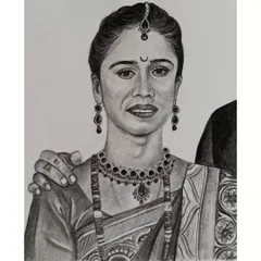 A detailed close-up of the bride from the previous sketch. This highlights the intricate jewelry and the traditional bindi, all rendered carefully with graphite pencils.