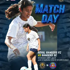 Matchday announcement for our Women's Premier League fixture against Rangers SC. This graphic features two of our players ready for the challenge.