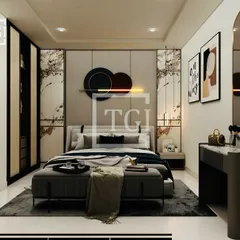 This master bedroom concept is the epitome of modern luxury. The design includes a statement headboard with integrated lighting, sleek side tables, a comfortable ottoman, and a chic vanity area.