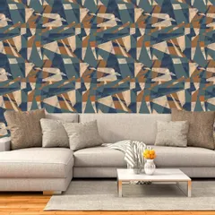 This abstract geometric design uses sharp angles and a sophisticated color palette of navy, beige, and rust to create a bold and artistic statement. It's a perfect choice for a contemporary living space.