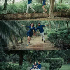 A collage of playful and energetic moments from a park photoshoot. From running along a path to sitting on a bench, these photos show the fun side of a pre-wedding shoot.