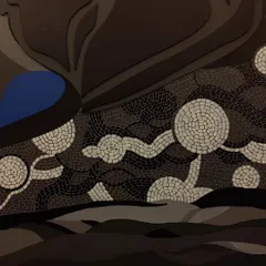 A close-up of the mosaic detailing on the 'Cognizance' canvas, where tiny tiles create swirling galaxies and stars.