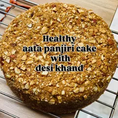 I created this Aata Panjiri cake as a healthy twist on a traditional flavour. It's made with wholewheat flour and desi khand, and topped with a crumbly, nutty panjiri mix.