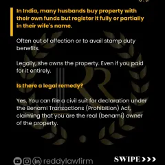 If you've paid for a property but registered it in your wife's name, you may have a legal remedy. I explain how you can file a civil suit under the Benami Transactions (Prohibition) Act to claim that you are the real owner of the property.