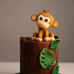 A close-up of a custom fondant cake topper, this adorable monkey sits atop a cake designed to look like a tree stump. This shows the detailed, playful character work I can do for children's birthday cakes and jungle-themed parties.