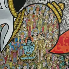 A closer look at the Shiv Mahapuran painting reveals the incredible density of the narrative. This section shows dozens of gods and goddesses, each rendered in miniature style, witnessing the divine events. The use of fine lines and vibrant acrylics makes every character distinct.