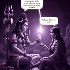 What does the Trishul (Trident) represent? Lord Shiva explains that it symbolizes mastery over the body, mind, and ego. When these three align, true power awakens within you.