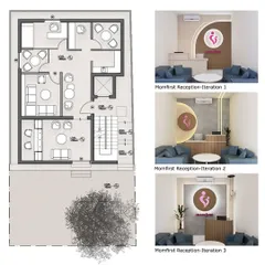 Design iterations for the reception area of Momfirst, a women's health clinic. We explored different configurations to create a space that is welcoming, professional, and aligned with the brand's identity.