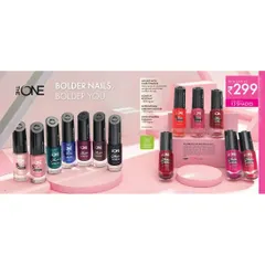 A product lineup for 'The ONE' nail polish collection, showcasing a variety of shades. The soft pink, multi-level staging creates a clean and feminine aesthetic perfect for beauty retail.