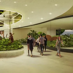 At the Cochin Airport, we designed interior islands with lush greenery and sculptural elements inspired by local culture. The curved ceiling cutout with a mirrored surface reflects the garden below, amplifying the sense of space and light.