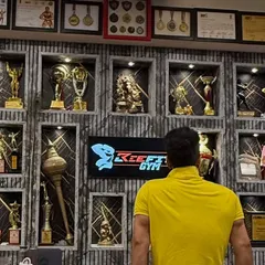 Feel hi alag hai apni mehnat ko dekhne ka (It's a different feeling to see your own hard work). Looking at the wall of trophies that I've earned over the years.