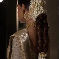 A stunning close-up of a traditional South Indian bridal braid. The fishtail braid is beautifully decorated with fragrant mogra flowers and intricate gold hair ornaments, creating a look of pure bridal opulence.