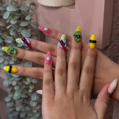 A full view of our super cute and detailed sushi nail art set. Each nail features a different piece, from nigiri to maki rolls, complete with tiny chopsticks.