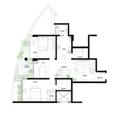 The floor plan for our 'Reweave Stories' apartment renovation. The drawing shows our key interventions, like opening up the kitchen and enclosing the verandah, to create a more functional and connected living space.