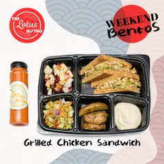 Our Grilled Chicken Sandwich Bento offers a different format for a healthy meal. The box includes a freshly prepared sandwich, roasted potato wedges, a side salad, and a creamy dip for a complete lunch.