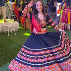 A close up shot showing the beautiful details of my Garba outfit. I believe that the visual appeal of costumes adds significantly to the overall festive atmosphere of a Navratri night.