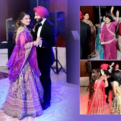 A collage from a Sangeet night, showing the couple's first dance and the family enjoying the party. It’s a great way to summarize the event's energy.