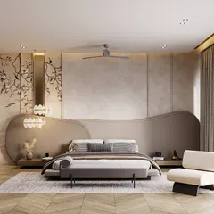 This master suite embodies our love for quiet opulence and bespoke craftsmanship. The custom-contoured headboard creates a soft, fluid focal point, while a palette of hushed neutrals and rich textures fosters a sense of deep comfort and calm.