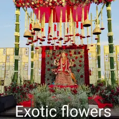 For this grand outdoor festival, we designed a majestic mandap for a Devi idol using bamboo structures, rich red fabrics, and thousands of roses and baby's breath. The hanging temple bells and multi-level floral arrangements create an immersive and spiritually uplifting atmosphere.