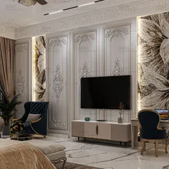 This bedroom is a masterclass in luxury. I used intricately carved wall panels, backlit mosaic accents, and a mix of classic and modern furniture to create a breathtaking environment that seamlessly integrates technology, like the TV, without compromising on aesthetics.