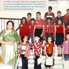 This is where it all started. In 1997, our founder Bela Ma'am began her journey as a piano and keyboard home tutor. This photo from an early recital shows the first seeds of what would grow into Euphony.