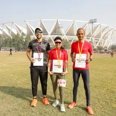 Three of our athletes with their medals after competing in the Delhi Masters Athletics Meet. We came away with two golds and a bronze. Bahut badhiya!