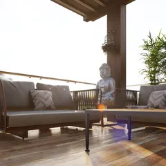A closer view of the seating arrangement in this balcony concept. The woven detail on the sofas adds a lovely texture, and the wooden deck flooring brings warmth to the space, making it feel like a natural extension of the indoors.