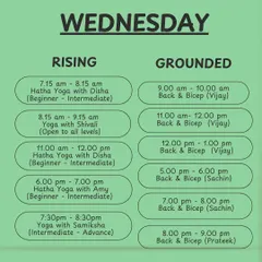 Find your mid-week motivation with our Wednesday schedule, featuring Hatha Yoga, Back & Bicep strength training, and advanced yoga.