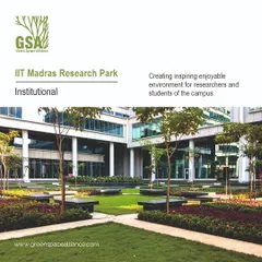 The landscaped courtyard at IIT Madras Research Park, inspired by traditional Indian 'kunds' or stepped tanks. The design provides an enjoyable and inspiring environment for researchers and students, with geometric seating areas and flowing pathways that encourage informal meetings and idea exchange.