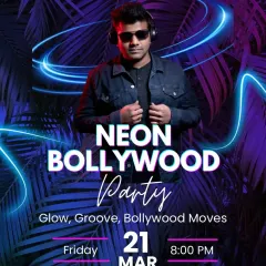My Neon Bollywood parties are a crowd favourite. This poster for my gig at Zora Club shows the vibe I create: a mix of high-energy Bollywood tracks, commercial hits, and a full neon glow setup that lights up the night.