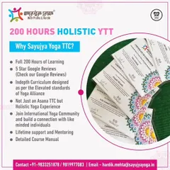 An informational graphic for our 4-month Holistic YTTC, detailing why to choose Sayujya Yoga.