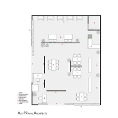 This floor plan for the Realply '23 stall shows the detailed layout of the 130 sq.m space. It outlines the entry points, reception, display areas, bar, and discussion zones, ensuring a logical flow for visitors.