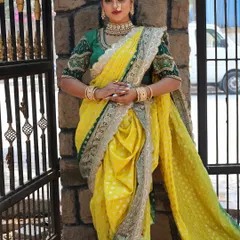A vibrant yellow Nauvari with a green border and an intricately embroidered green blouse, perfect for a Haldi ceremony or a spring festival.
