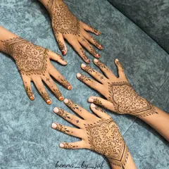 Matching "twinning" henna for a group of friends or family. Each person has the same elegant Gulf-style design on the back of their hands.