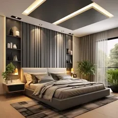 We create serene master bedrooms that serve as personal retreats. This design showcases a sophisticated accent wall with vertical fluting, integrated shelving, and layered lighting to build a calm and luxurious atmosphere.