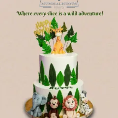 Take a walk on the wild side with our jungle adventure cake. This two-tiered creation features handcrafted, adorable fondant animals like a lion, monkey, and giraffe, making it perfect for a safari-themed birthday party.