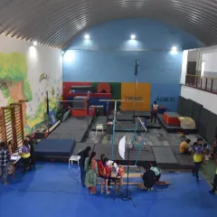 An overhead view of our academy during a competition setup. You can see the expansive floor space that allows for multiple activities to happen simultaneously.