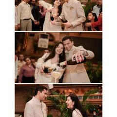 A champagne pop to celebrate the new beginning. This sequence captures the couple's joyful and slightly messy champagne moment, full of laughter and celebration.
