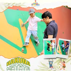The rock climbing wall at our Hakuna Matata adventure camp is a great challenge for our little explorers. With dad's help and encouragement, they build confidence and strength.