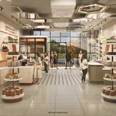 A glimpse into a bustling retail space we designed. The goal was to create an open, inviting atmosphere that encourages browsing. We used a combination of patterned floor tiles, warm ambient lighting, and unique hexagonal ceiling mirrors to make the store feel spacious and memorable for every visitor.