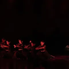 In this scene from 'Ek Anant', I am performing alongside my troupe. The use of dramatic lighting and space helps build the narrative of the Ramayan.