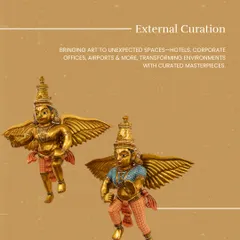 A graphic showcasing our external curation service, featuring the winged Kinnala figures. We bring art to unexpected spaces like hotels, corporate offices, and airports.