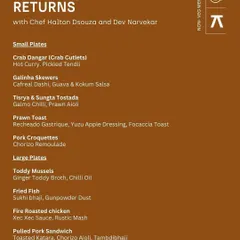 The non-vegetarian menu from the Petisco, Goa pop-up, showcasing inventive dishes like Crab Dangar (cutlets) with hot curry and Toddy Mussels in a ginger broth.